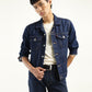 Men's Solid Dark Blue Spread Collar Denim Jacket - Styleshot View
