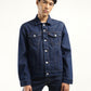 Men's Solid Dark Blue Spread Collar Denim Jacket - Front View