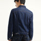 Men's Solid Dark Blue Spread Collar Denim Jacket - Back View