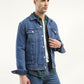 Men's Solid Blue Spread Collar Denim Jacket - Styleshot View