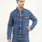Men's Solid Blue Spread Collar Denim Jacket - Front View