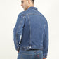 Men's Solid Blue Spread Collar Denim Jacket - Back View