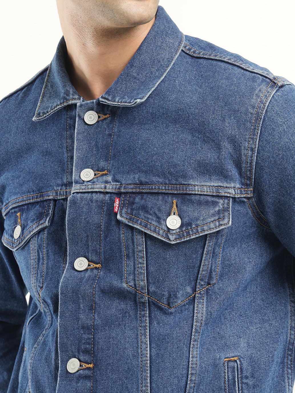 Men's Solid Blue Spread Collar Denim Jacket - Detail View