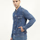 Men's Solid Blue Spread Collar Denim Jacket - Side View
