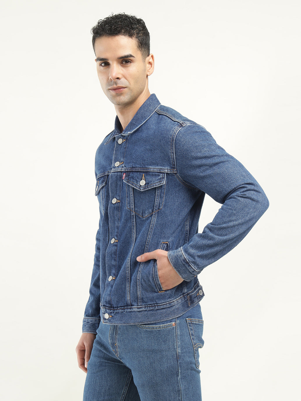 Men's Solid Blue Spread Collar Denim Jacket - Side View