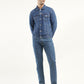 Men's Solid Blue Spread Collar Denim Jacket - ModelFront View