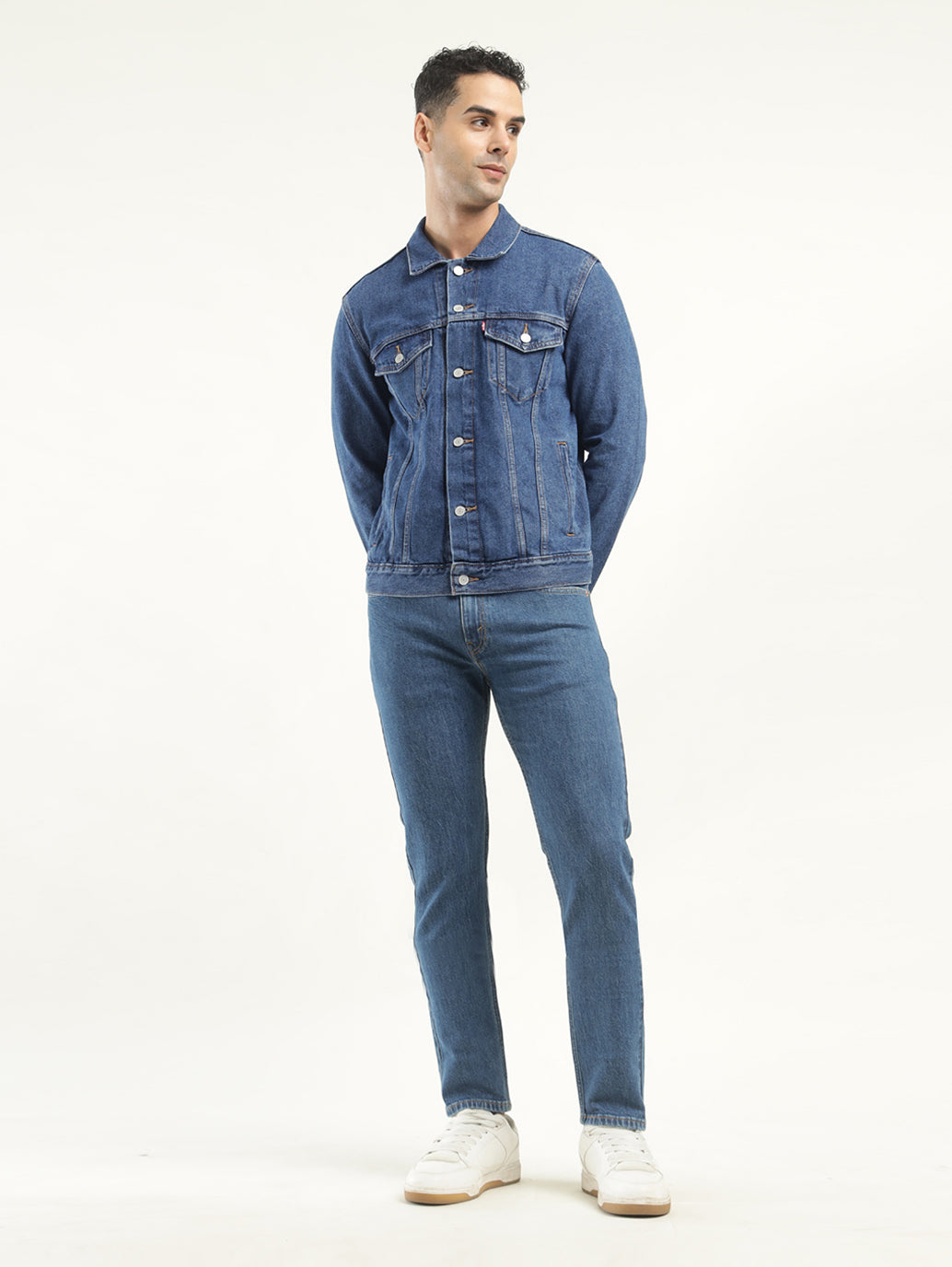 Men's Solid Blue Spread Collar Denim Jacket - ModelFront View
