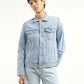 Men's Solid Light Blue Spread Collar Denim Jacket - Front View