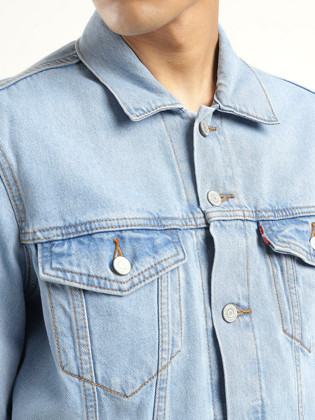 Men's Solid Light Blue Spread Collar Denim Jacket - Detail View