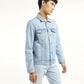 Men's Solid Light Blue Spread Collar Denim Jacket - Side View