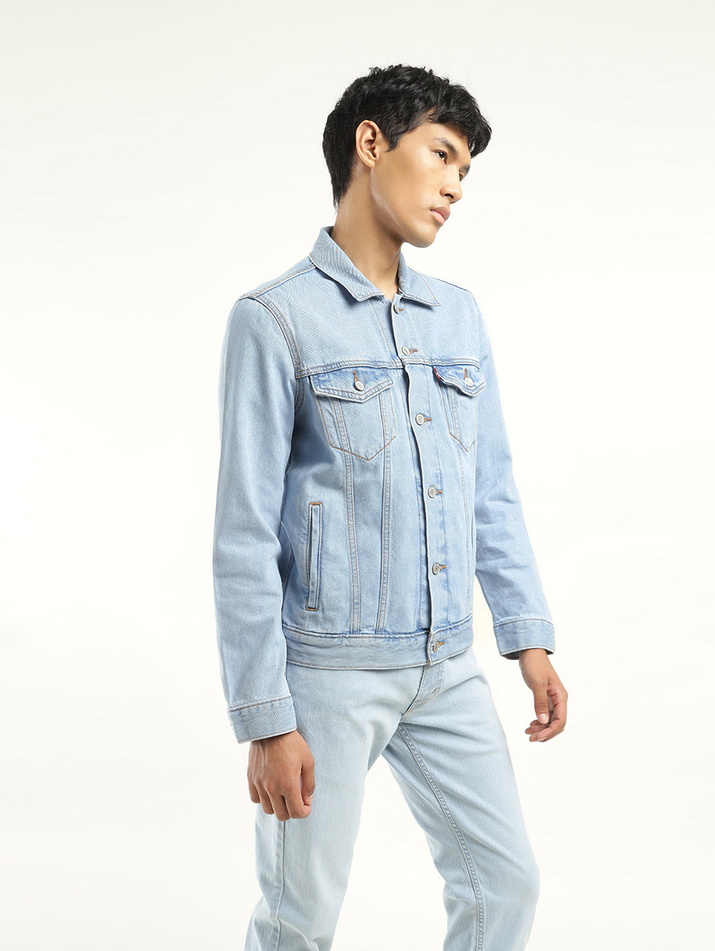 Men's Solid Light Blue Spread Collar Denim Jacket - Side View
