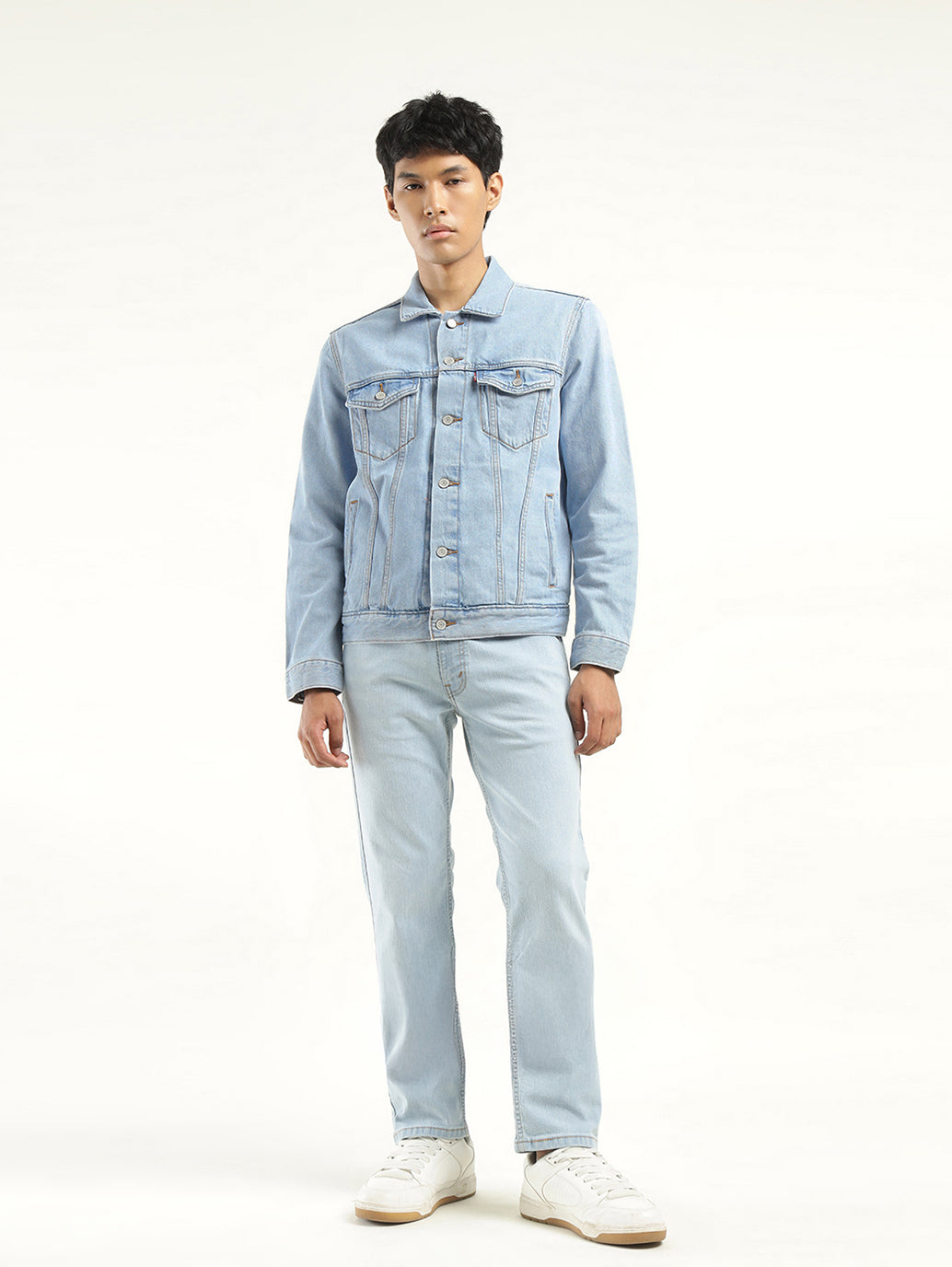 Men's Solid Light Blue Spread Collar Denim Jacket - ModelFront View