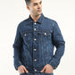 Men's Solid Dark Blue Spread Collar Denim Jacket - Front View
