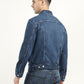 Men's Solid Dark Blue Spread Collar Denim Jacket - Back View