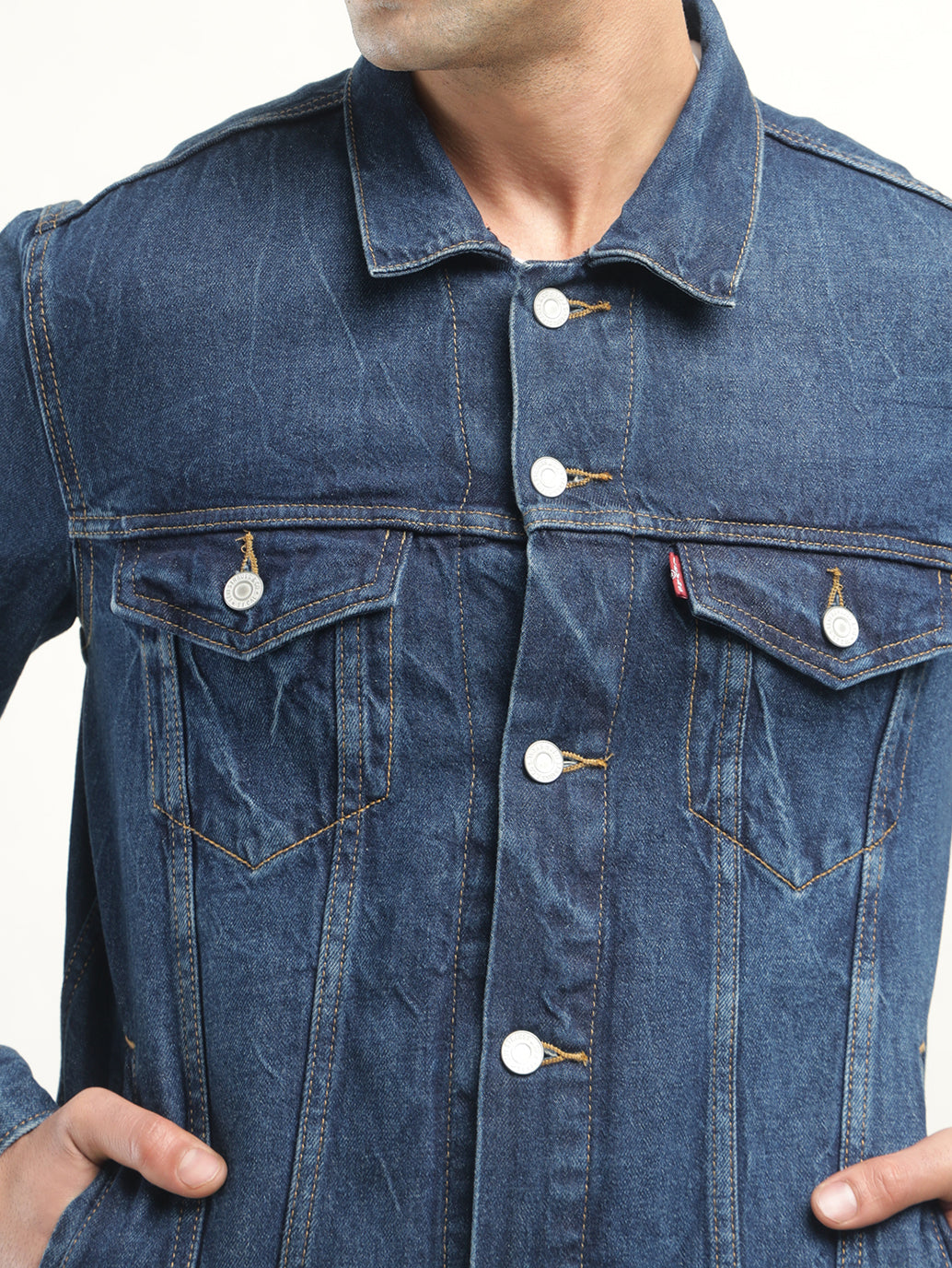 Men's Solid Dark Blue Spread Collar Denim Jacket - Detail View