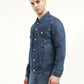 Men's Solid Dark Blue Spread Collar Denim Jacket - Side View