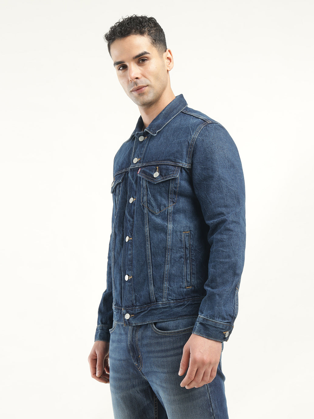 Men's Solid Dark Blue Spread Collar Denim Jacket - Side View