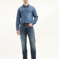 Men's Solid Dark Blue Spread Collar Denim Jacket - ModelFront View