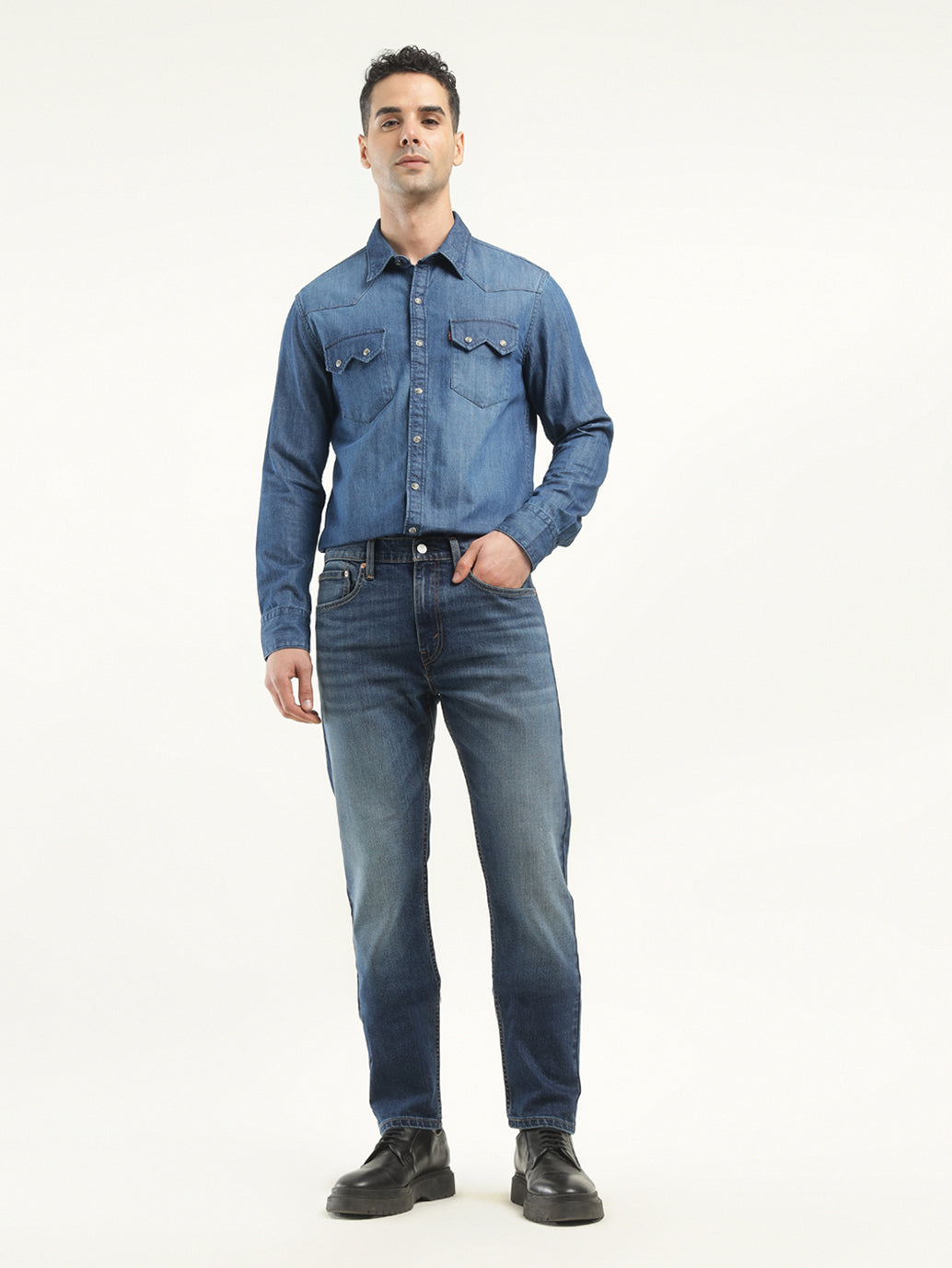 Men's Solid Dark Blue Spread Collar Denim Jacket - ModelFront View