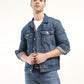 Men's Solid Blue Spread Collar Denim Jacket - Styleshot View