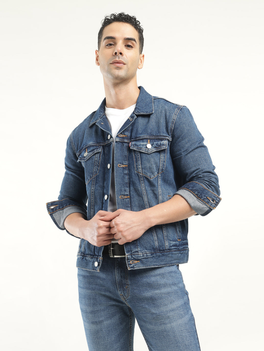 Men's Solid Blue Spread Collar Denim Jacket - Styleshot View
