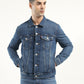 Men's Solid Blue Spread Collar Denim Jacket - Front View