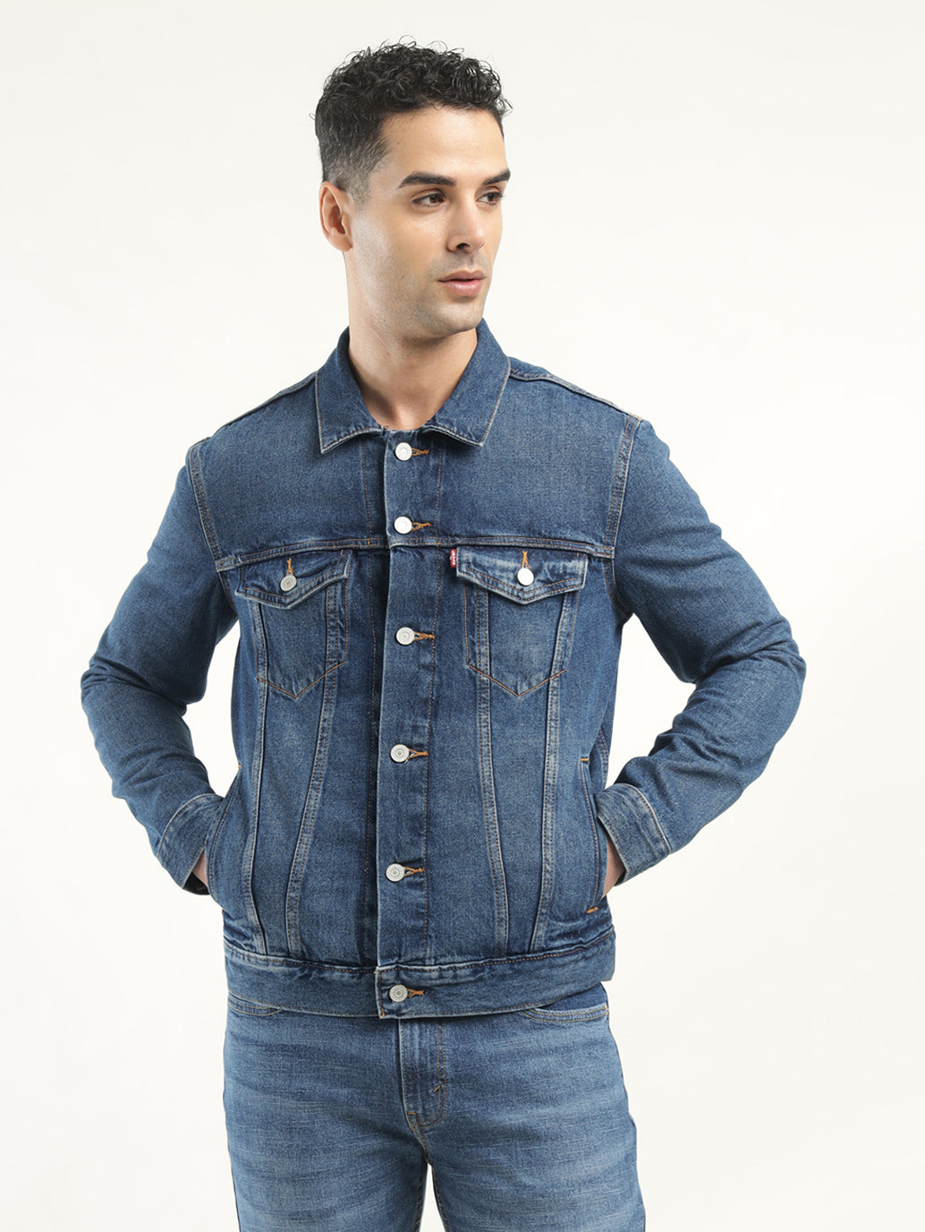 Men's Solid Blue Spread Collar Denim Jacket