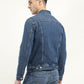Men's Solid Blue Spread Collar Denim Jacket - Back View