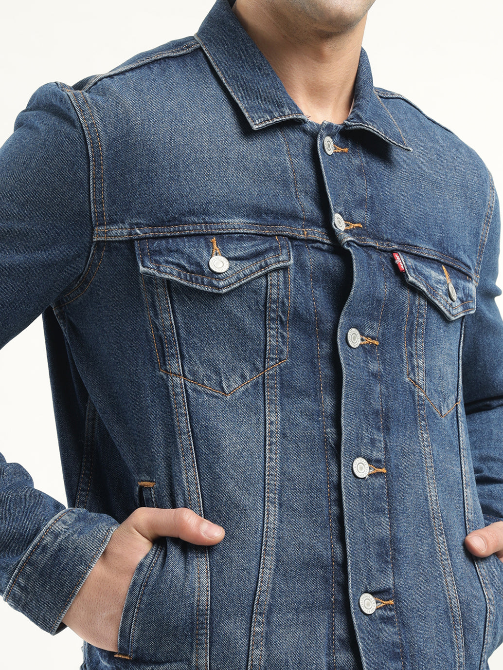 Men's Solid Blue Spread Collar Denim Jacket - Detail View