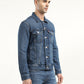 Men's Solid Blue Spread Collar Denim Jacket - Side View
