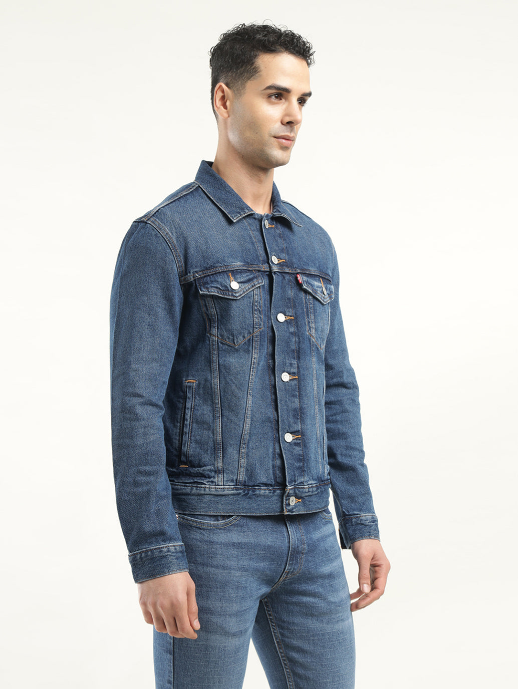 Men's Solid Blue Spread Collar Denim Jacket - Side View