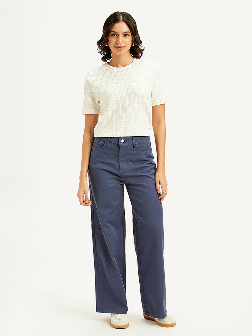 Women's Navy Blue Vintage Chino Wideleg Fit High Rise Jeans - Front View
