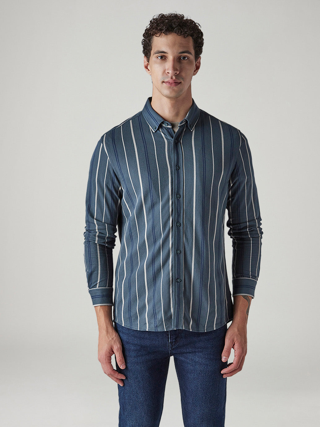 Men's Striped Slim Fit Waffle Shirt - Front View