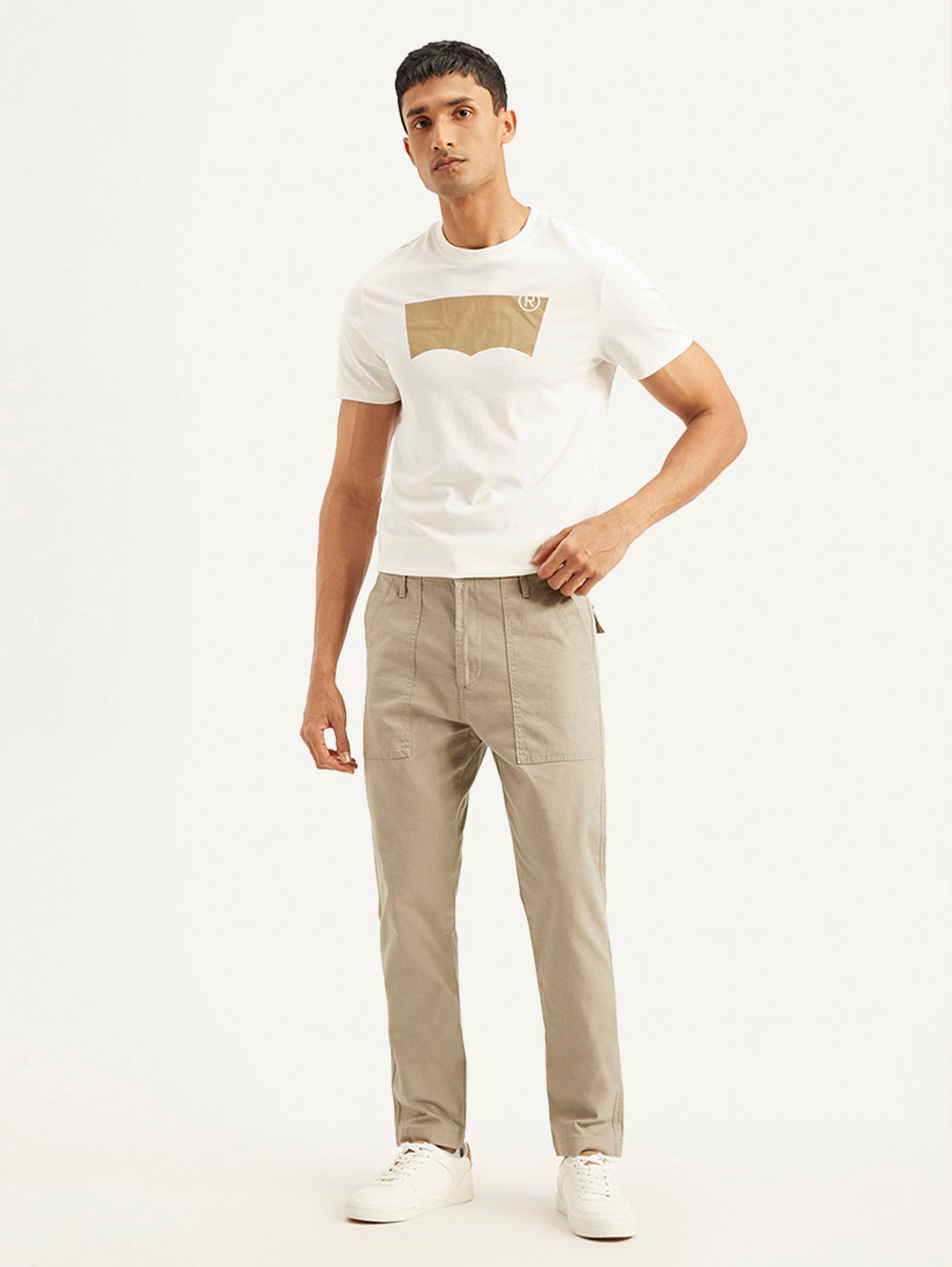 Men's Beige Slim Fit Utility Linen Trousers - Front View