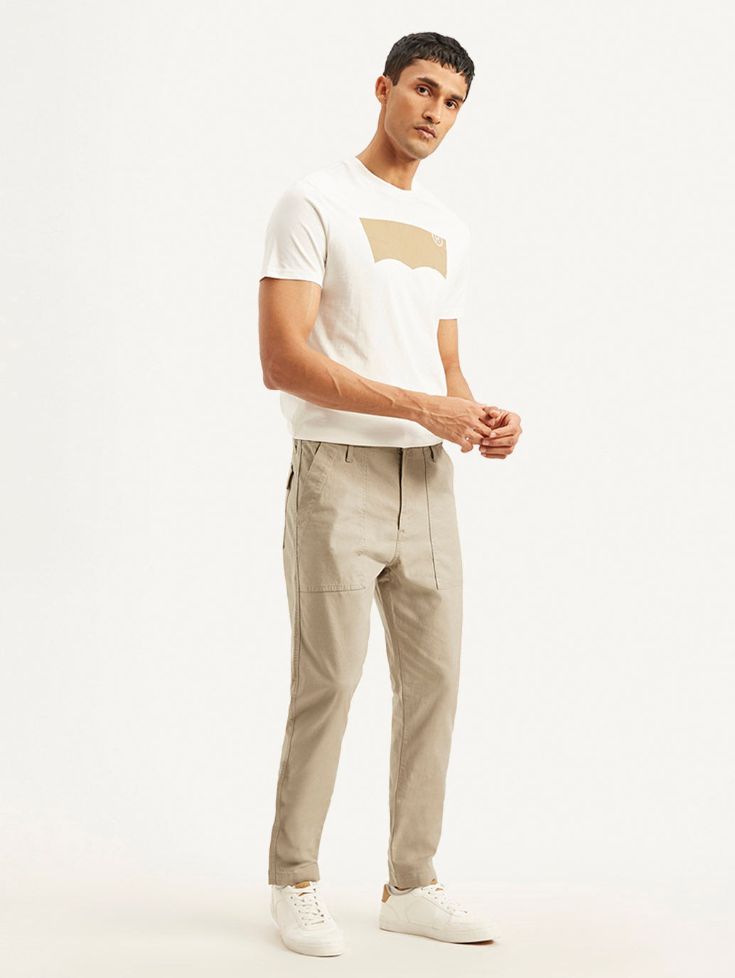 Men's Beige Slim Fit Utility Linen Trousers - Side View