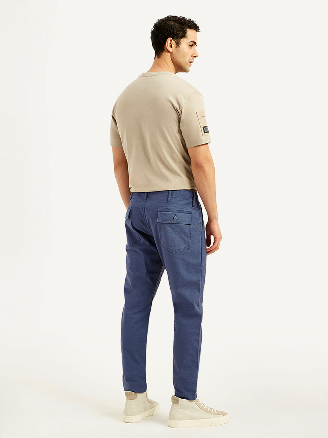 Men's Blue Slim Tapered Fit Utility Linen Trousers - back View