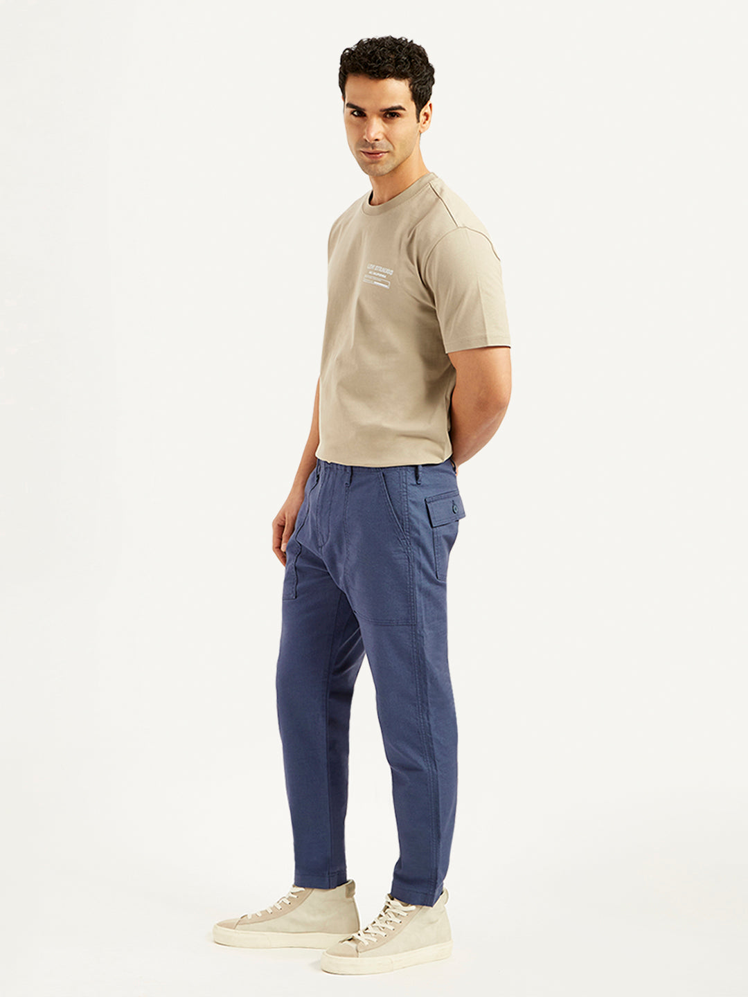 Men's Blue Slim Tapered Fit Utility Linen Trousers - Side View