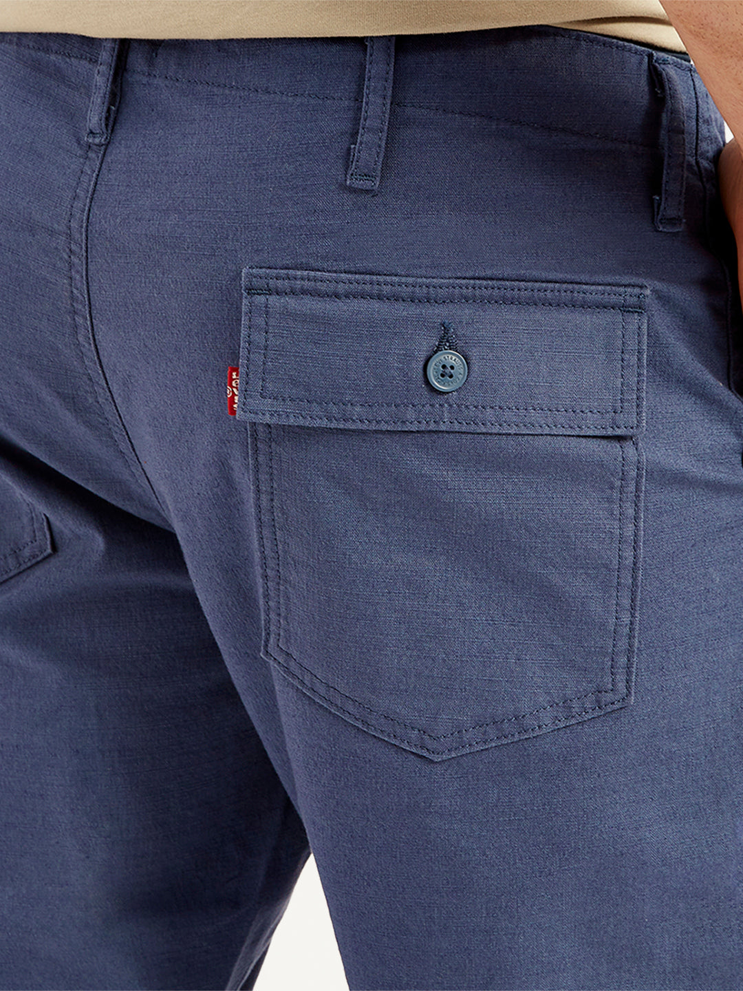Men's Blue Slim Tapered Fit Utility Linen Trousers - Detail View