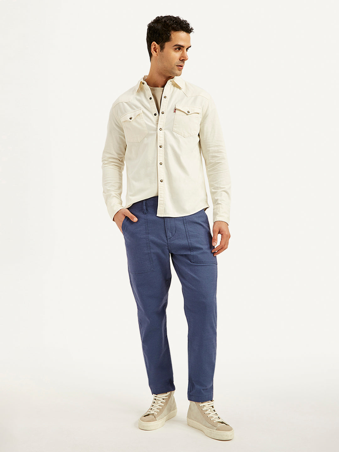 Men's Blue Slim Tapered Fit Utility Linen Trousers - Styleshot View