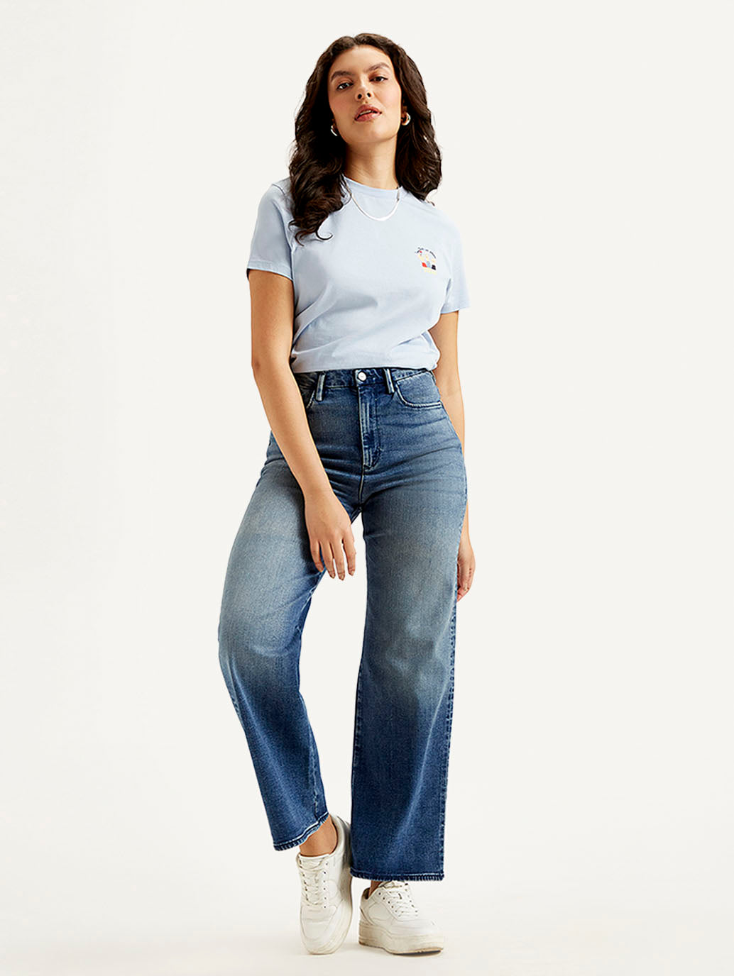 Women's Redloop Blue Ribcage Bell Bottom Wide Leg Fit High Rise Jeans - Styleshot View