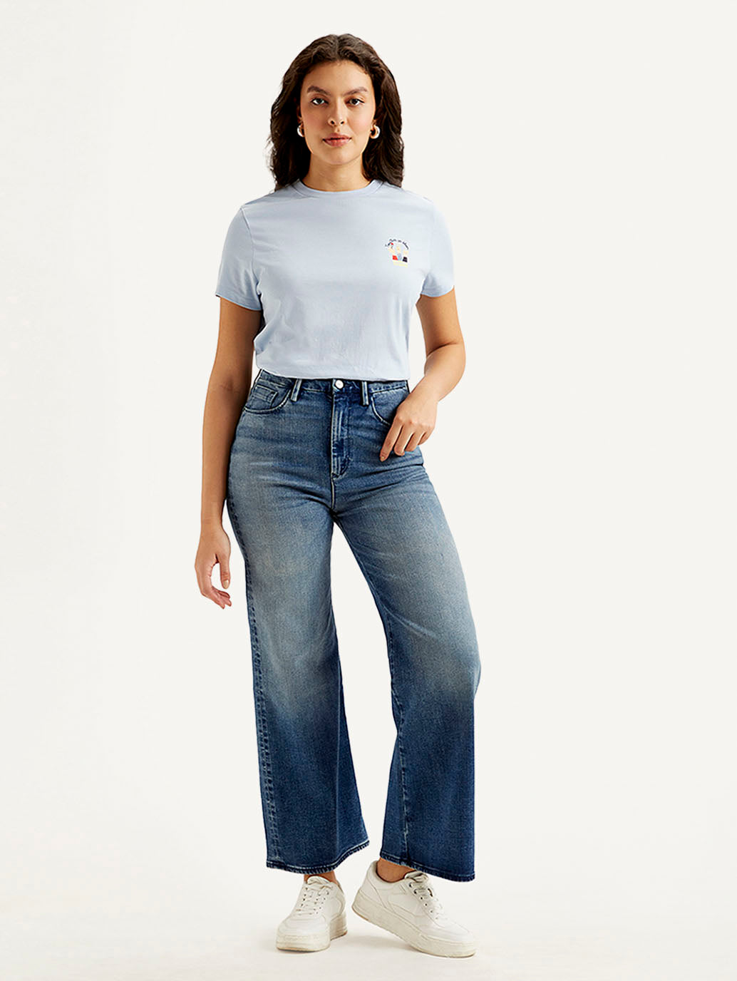 Women's Redloop Blue Ribcage Bell Bottom Wide Leg Fit High Rise Jeans - Front View