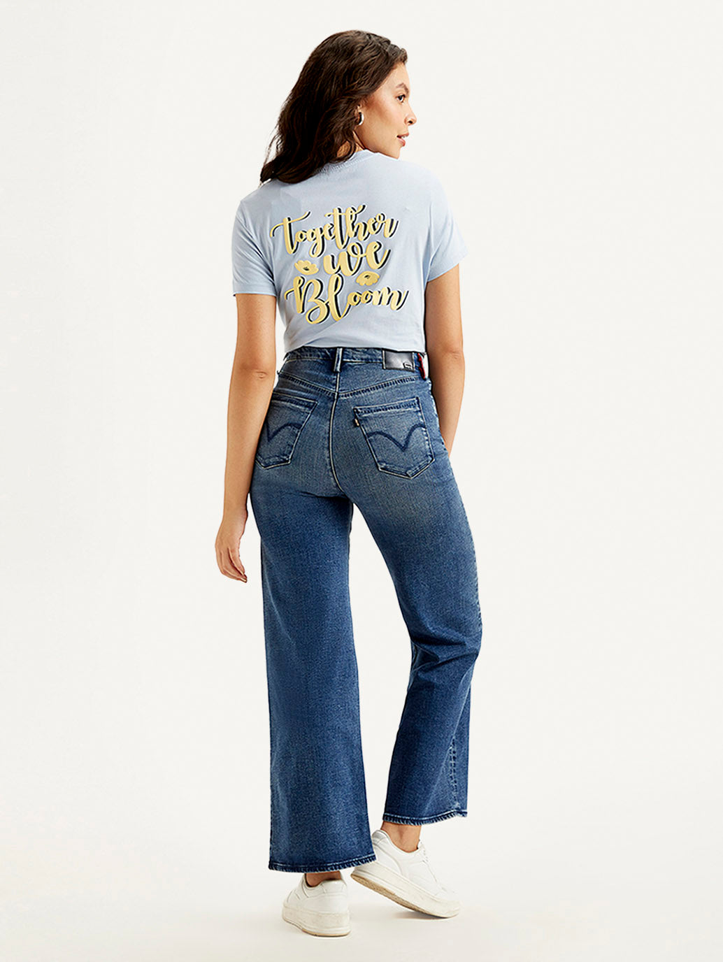 Women's Redloop Blue Ribcage Bell Bottom Wide Leg Fit High Rise Jeans - Back View