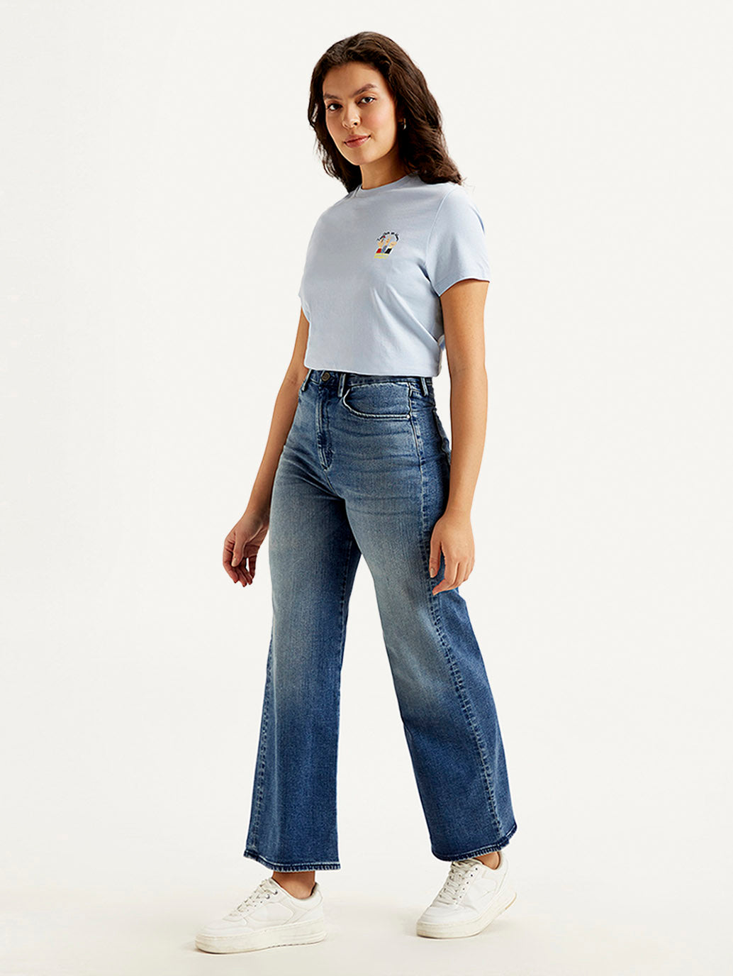 Women's Redloop Blue Ribcage Bell Bottom Wide Leg Fit High Rise Jeans - Side View