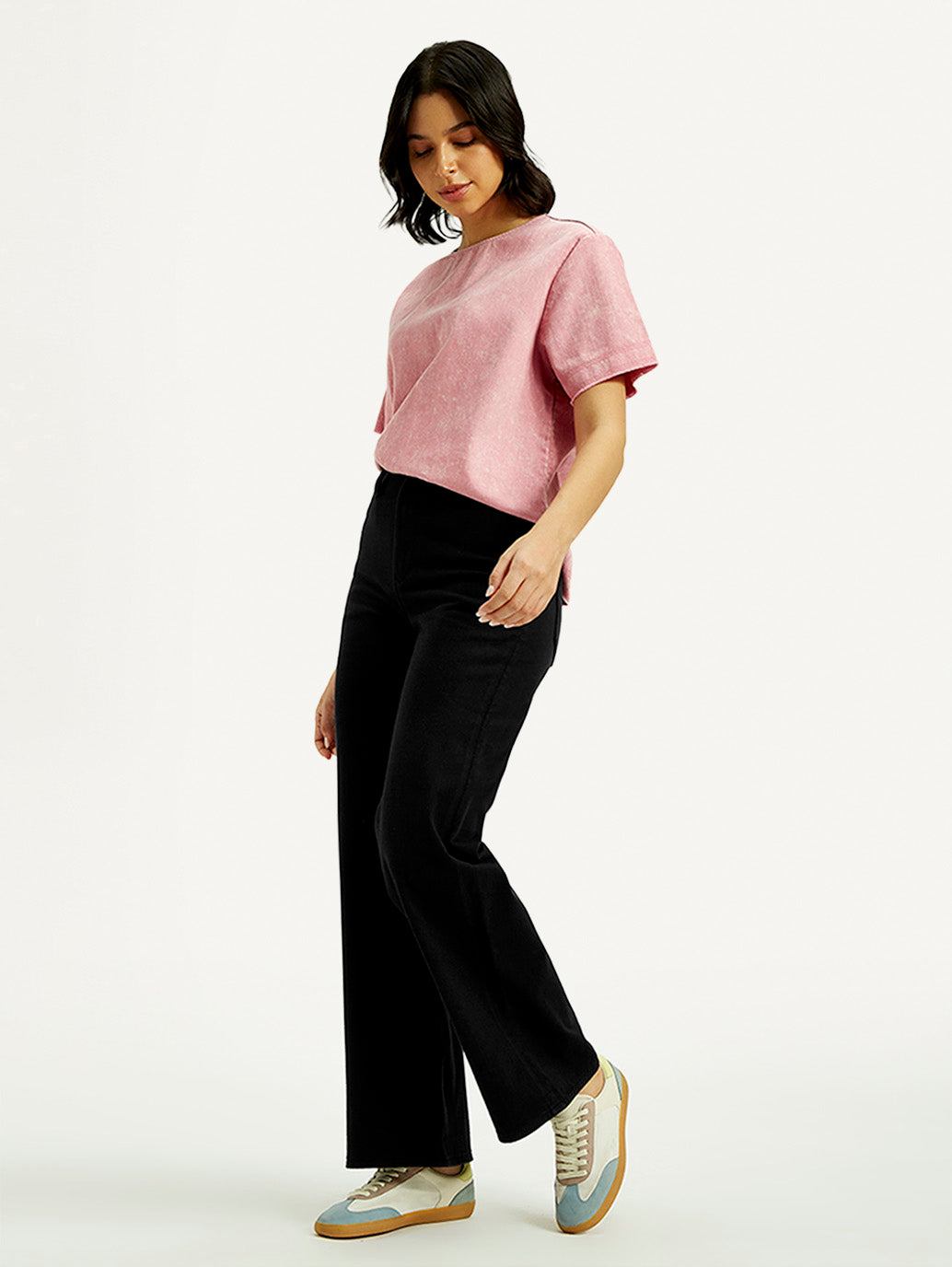 Women's Redloop Black Ribcage Bell Bottom Wide Leg Fit High Rise Jeans - Styleshot View