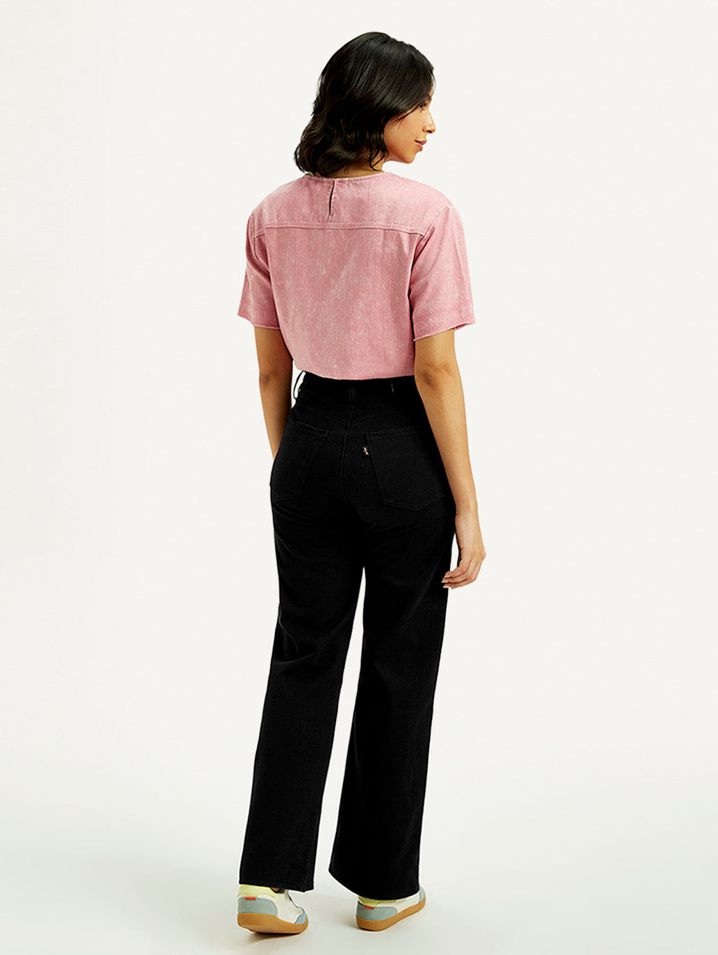 Women's Redloop Black Ribcage Bell Bottom Wide Leg Fit High Rise Jeans - Back View