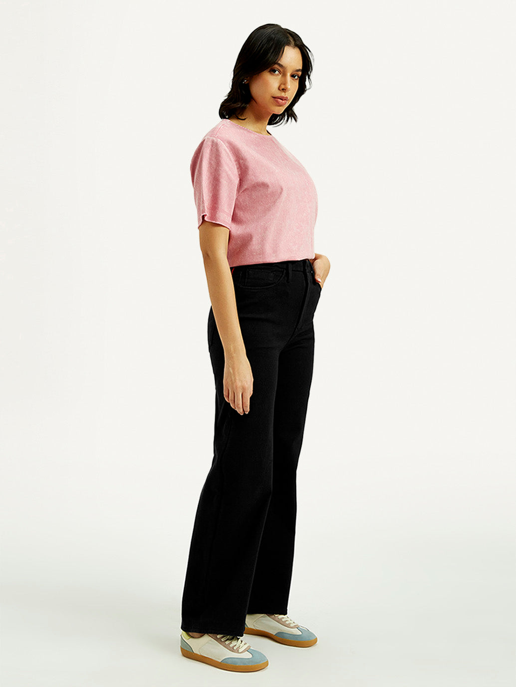 Women's Redloop Black Ribcage Bell Bottom Wide Leg Fit High Rise Jeans - Side View