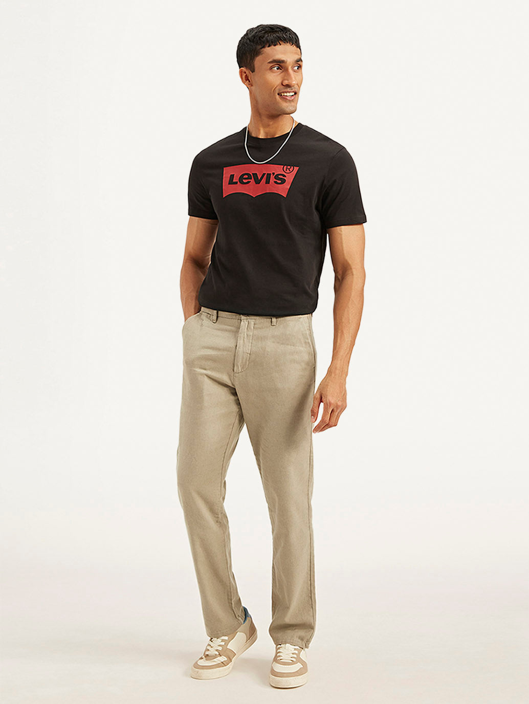 Men's Beige Authentic Straight Fit Linen Chino Pants - Styleshot View