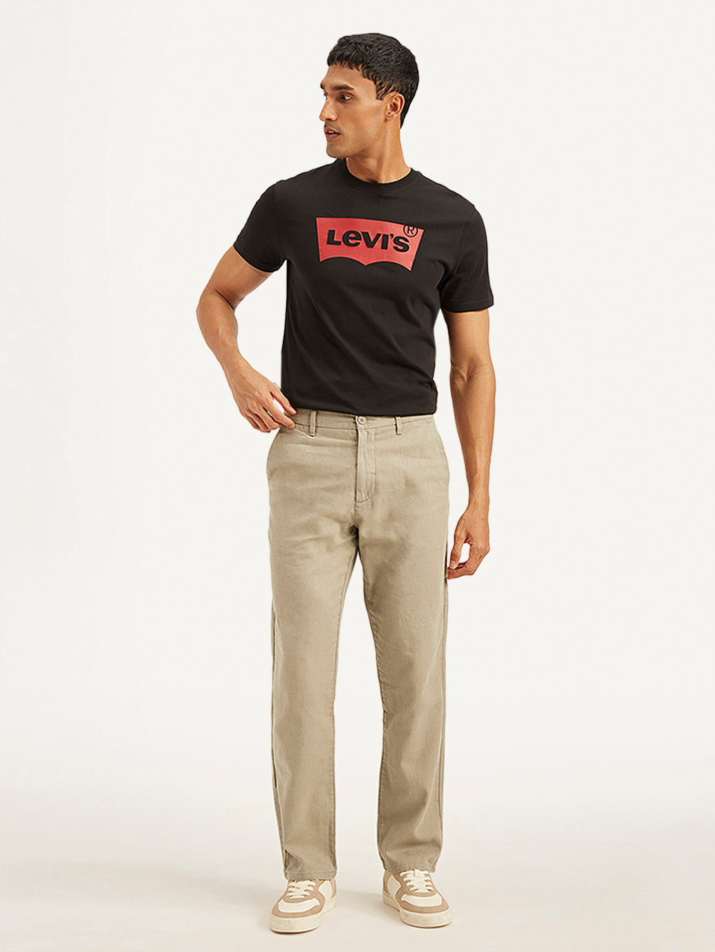 Men's Beige Authentic Straight Fit Linen Chino Pants - Front View