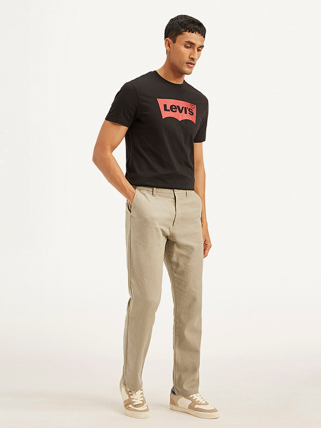 Men's Beige Authentic Straight Fit Linen Chino Pants - Side View