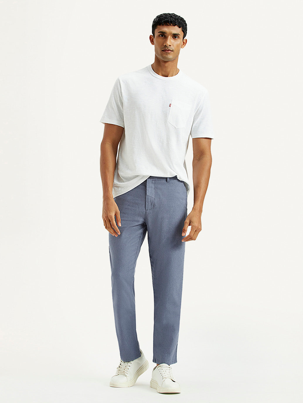 Men's Blue Relaxed Straight Fit Mid Rise Linen Trousers - Styleshot View